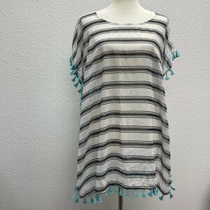 Womens Sheer Swim Cover-up Beach Tassles Black Blue Stripes One Size Kimono